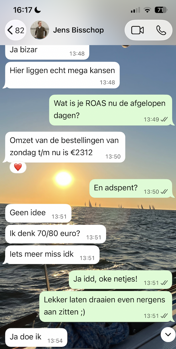 WhatsApp-gesprek met Jens Bisschop van Timeless Treasury over zijn behaalde omzet