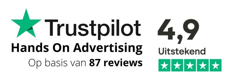 Trustpilot beoordeling Hands On Advertising: 4,9 uitstekend, 87 reviews